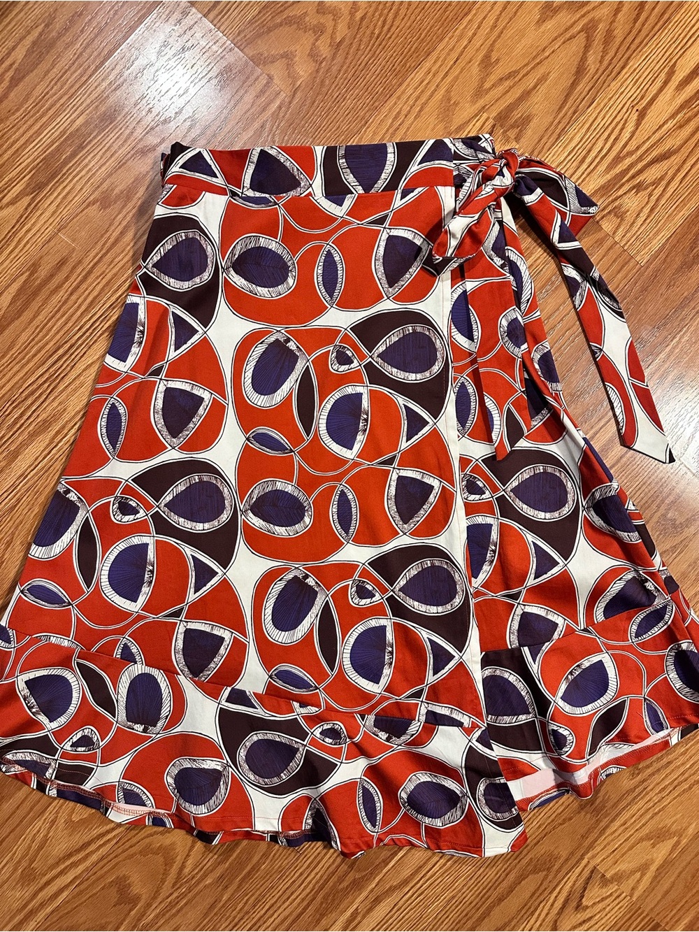 Porridge Cotton Abstract Print Tie Waist Wrap Skirt with Ruffle A-Line size M